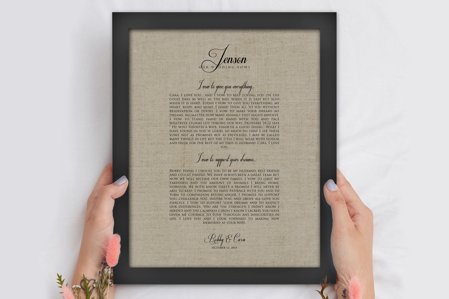 Our Vows on Linen, Framed Linen Anniversary Gift - HoneycombProverbs - Signs - Rustic Lyrics Wall Decor