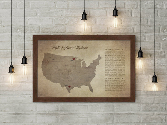 Long distance, map on canvas, Christmas, custom, coordinates, wedding vows, print, husband, wife, anniversary gift, Military, Gifts, Spouse