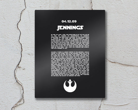 Custom Metal Print, Rebel Alliance, Gift for him, Metal Bedroom Wall Decor, Custom Metal Sign, anniversary, Wedding Vows on Metal