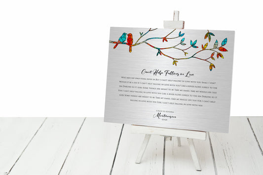 Lovebirds Wedding Song Lyric Sign on Tin