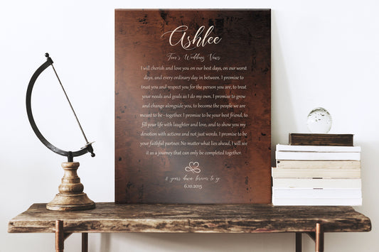 Our Wedding Vows on Bronze, Custom Wedding Vow Art, Bronze Gift, Bronze Gift for her, Men Bronze Gift, Anniversary Gift for him, Vows Print