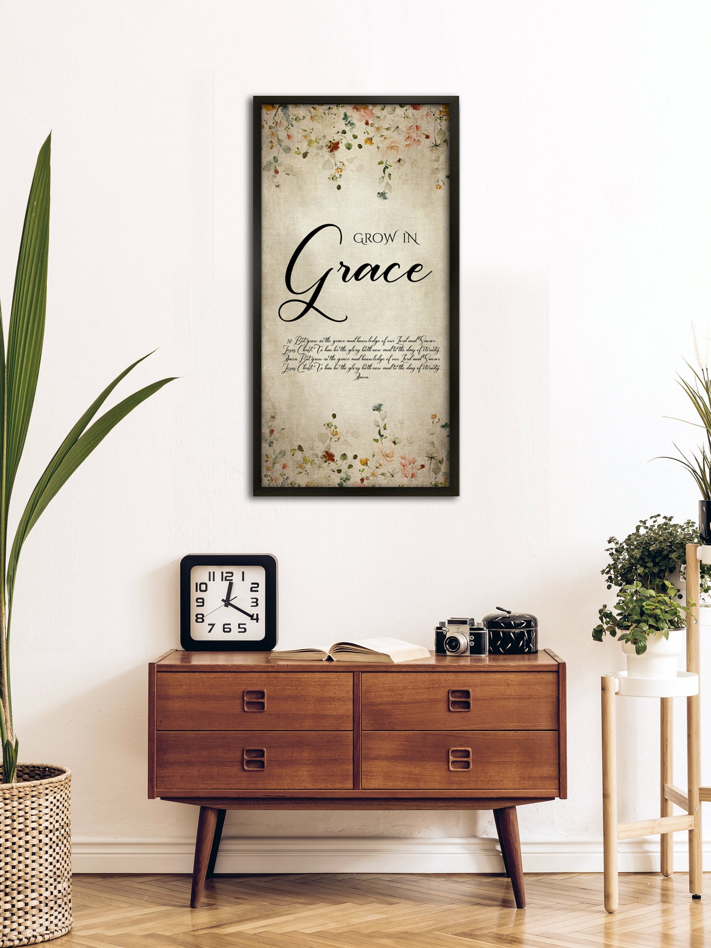 Grow in Grace, Cottage Garden Floral Scripture Decor, 2 Peter 3:18, Framed Scripture, Christian quote art, Encouraging Gift, Bible verse art
