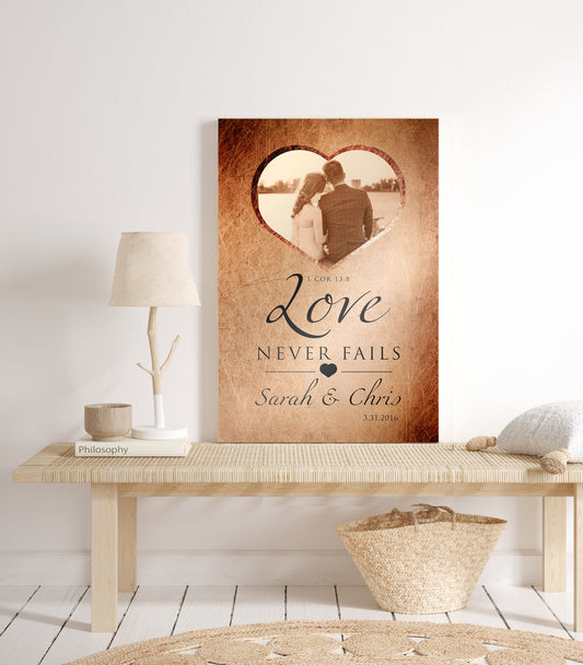 Personalized Love Never Fails Photo art, Whimsical Bedroom Decor, Christian anniversary gift, 1 Cor 13 Art, ten year anniversary, Photo Gift