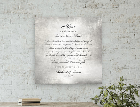 10 Year, Tin anniversary gift, Love is patient wall art, Personalized anniversary gift, 10 Year Anniversary, Gift for Couple, 1 Cor 13 Decor