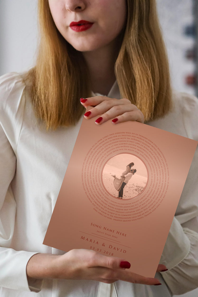 copper anniversary gift for husband, photo gift for anniversary, metal anniversary plaque with song lyrics, spiral lyrics, song record art