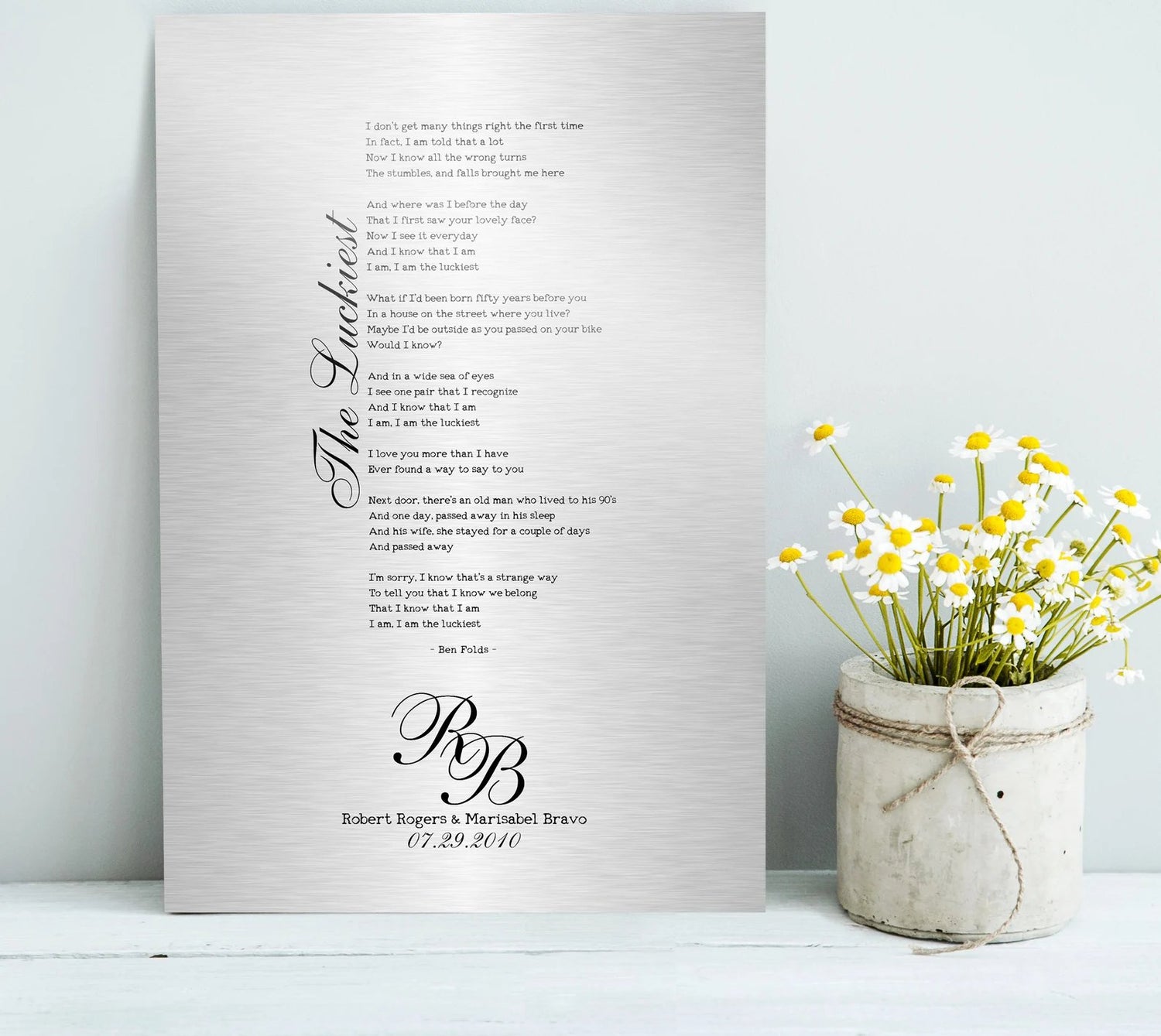 10th anniversary gift for wife, wedding gift for couple, song lyric plaque for couples on tin for a tin anniversary gift. featuring song lyrics of choice in a vintage typeface with elegant scripts for the song name and couples initials