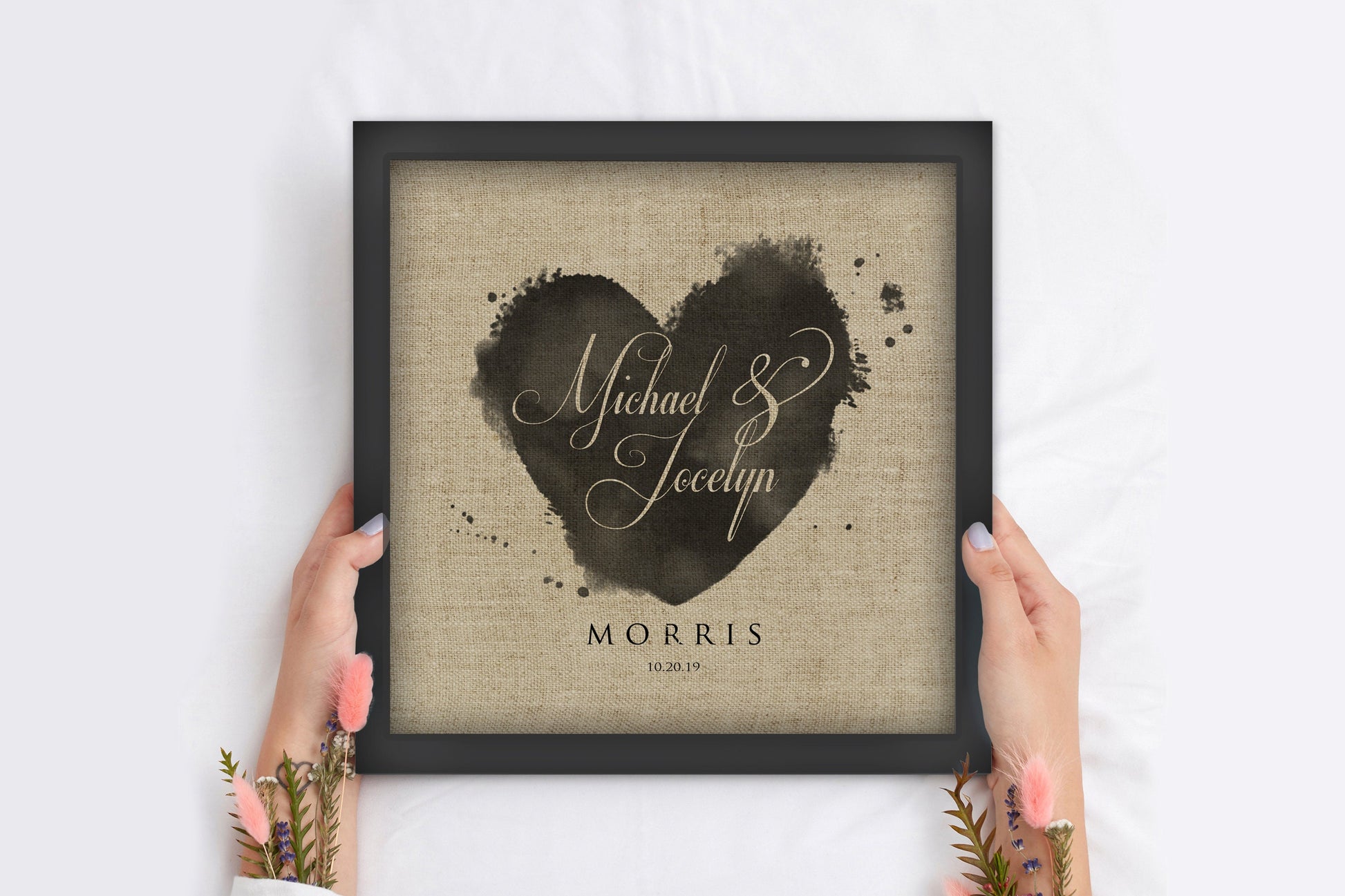LInen Heartstamp Anniversary Keepsake - HoneycombProverbs - Gifts For The Couple - Name Signs Wall Art