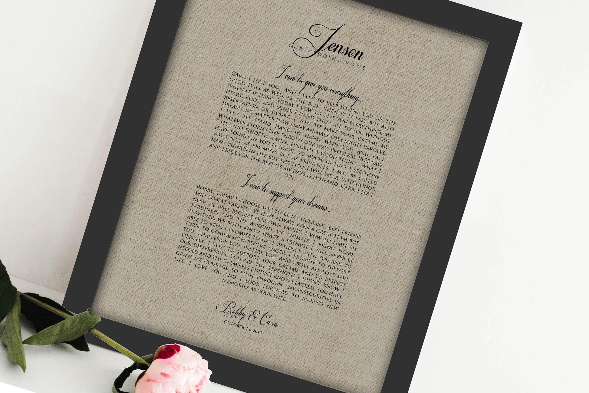 Our Vows on Linen, Framed Linen Anniversary Gift - HoneycombProverbs - Signs - Rustic Lyrics Wall Decor