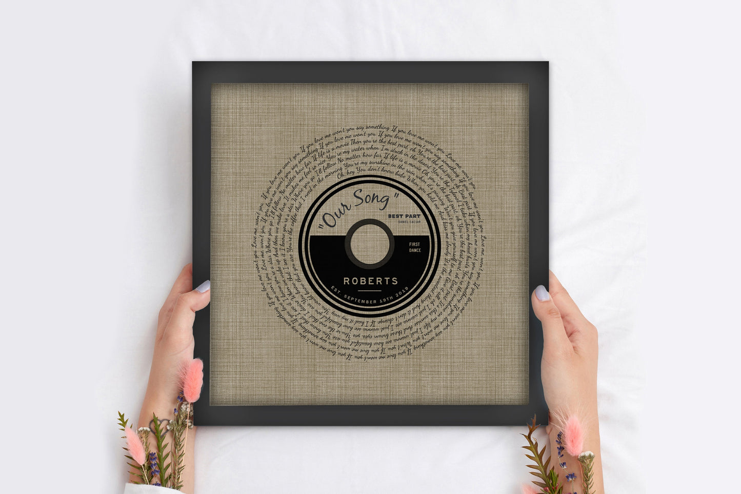 Belgian Linen, Framed First Dance Song Lyric Record - HoneycombProverbs - Gifts For The Couple - Record Album Lyrics Art