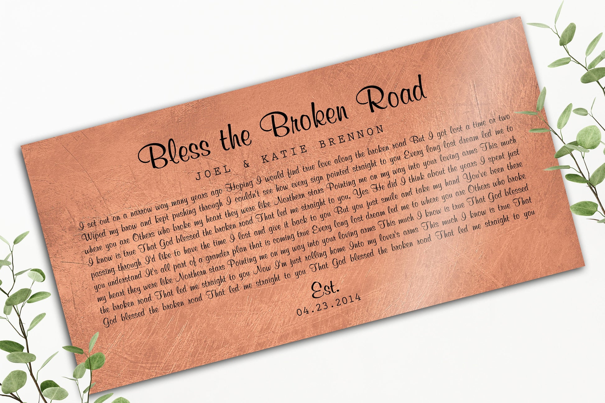 Personalized Distressed Copper Large Song Lyric Sign - HoneycombProverbs - Signs - Copper Anniversary Gifts