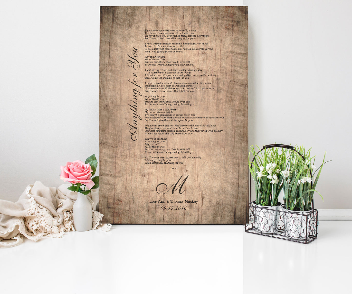 Monogrammed Wood Sign with Song - HoneycombProverbs - Signs - 5 year anniversary gifts