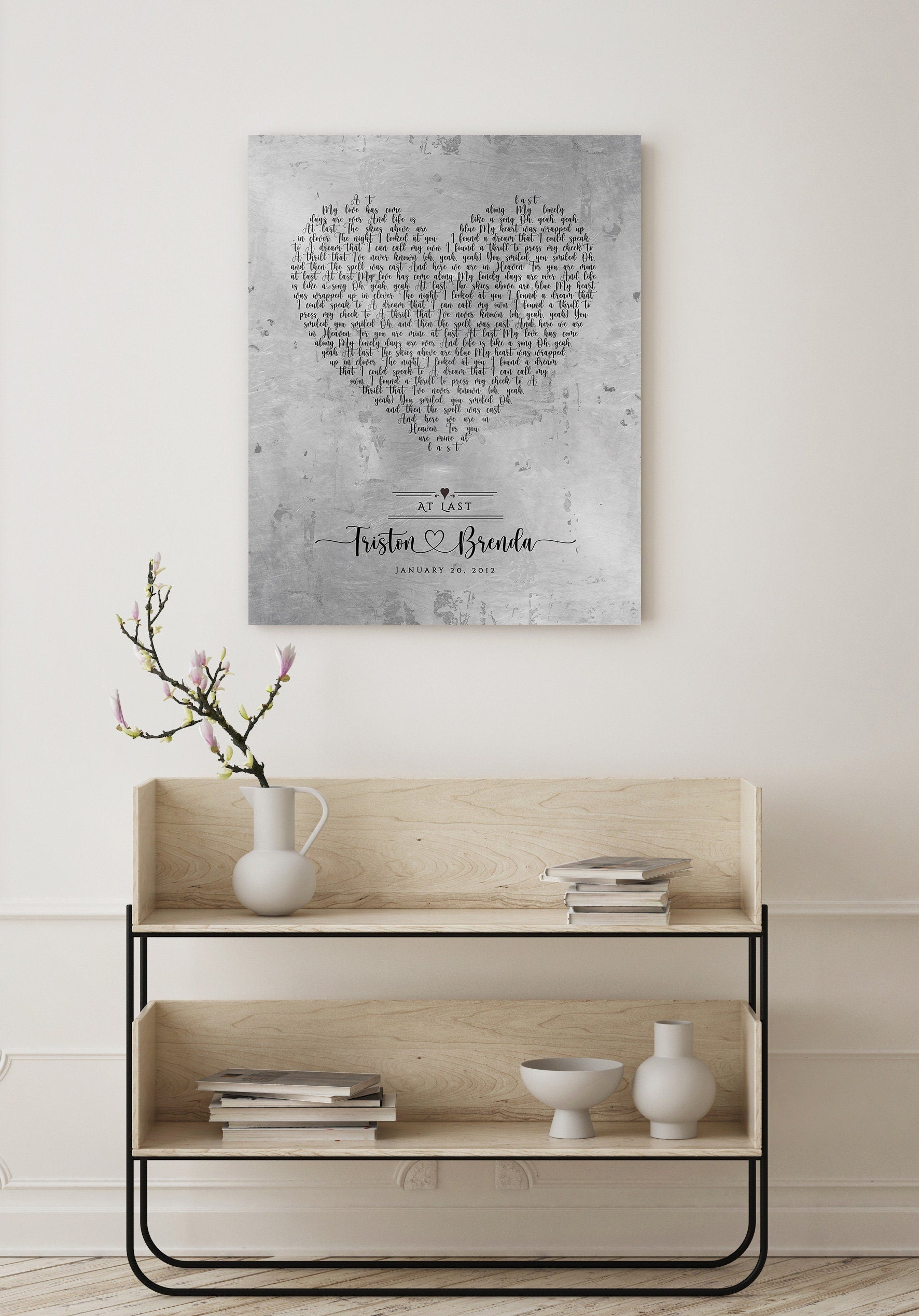 personalized song lyric sign with heart theme, names and union date a  perfect 10 year anniversary gift