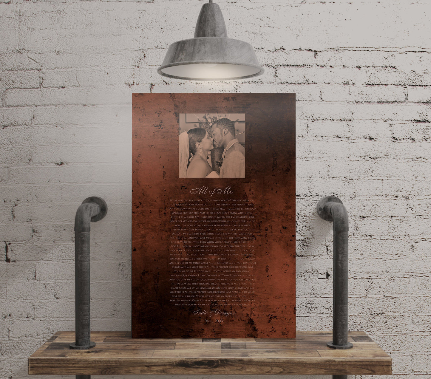 Burnished Bronze Wedding Portrait and Song Plaque - HoneycombProverbs - Gifts For The Couple - Photo Lyrics Wall Art