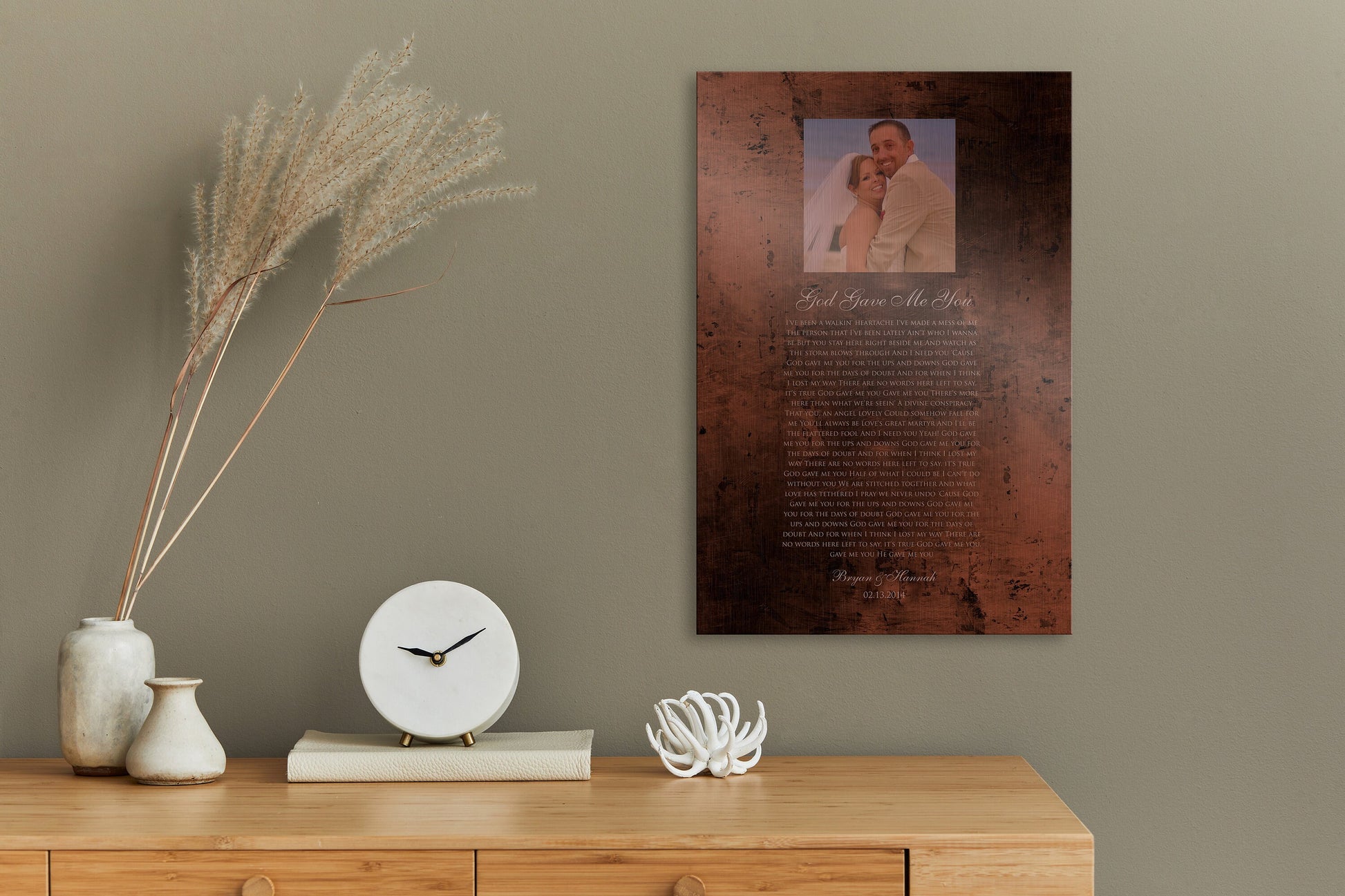 Burnished Bronze Wedding Portrait and Song Plaque - HoneycombProverbs - Gifts For The Couple - Photo Lyrics Wall Art