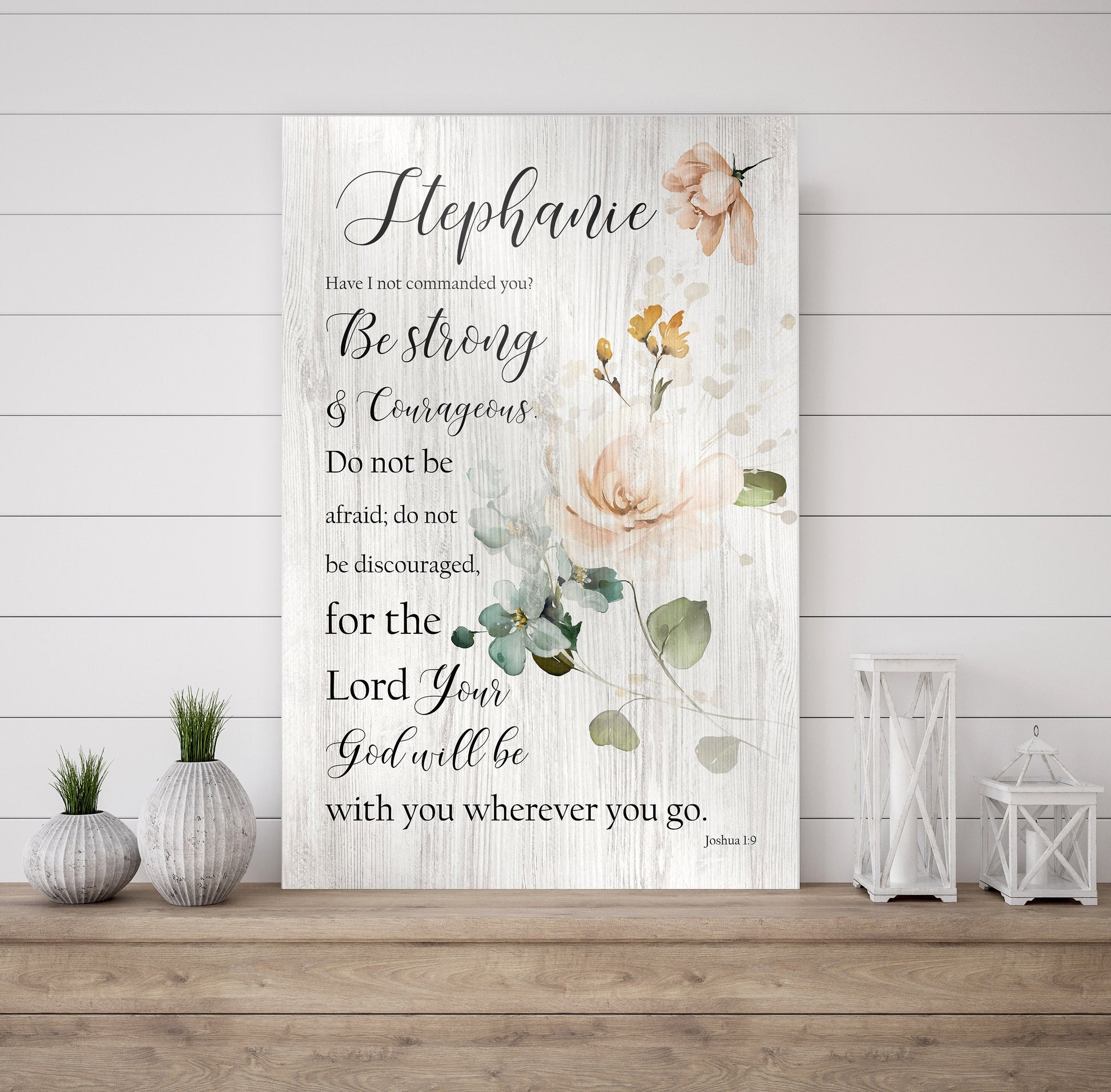 Joshua 1:9 Personalized Floral Wood Decor - HoneycombProverbs - Signs - Christian Wall Art