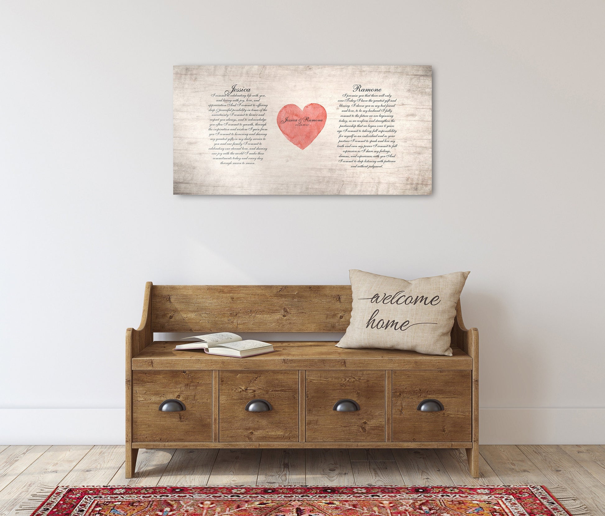 Wedding vow sign with heart, personalized wood anniversary gift idea
