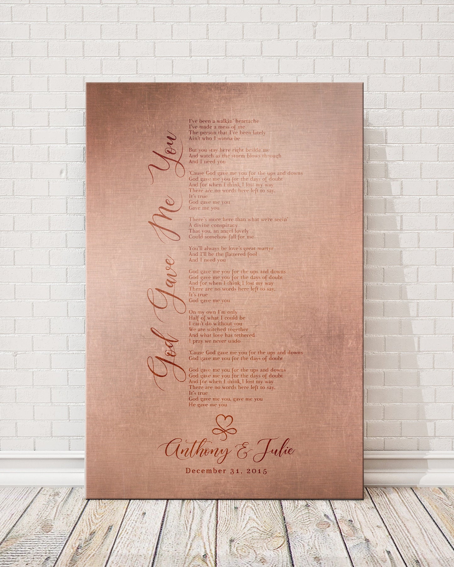 personalized copper gift for her with song lyrics and heart