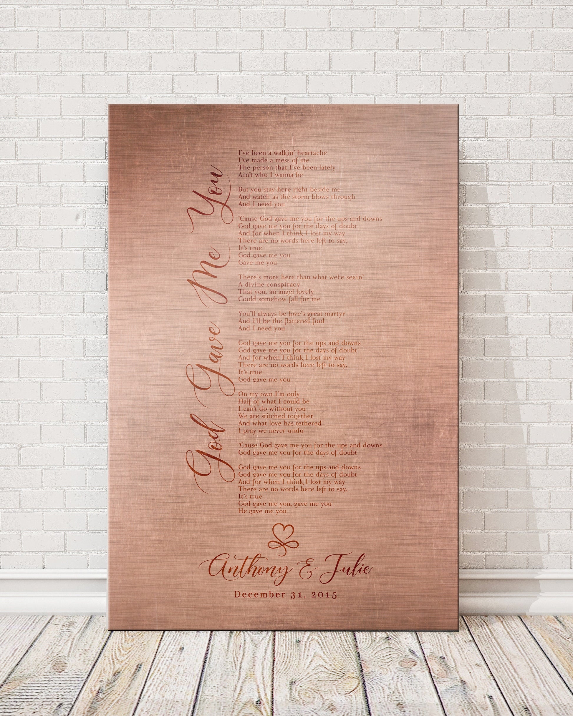 personalized copper gift for her with song lyrics and heart