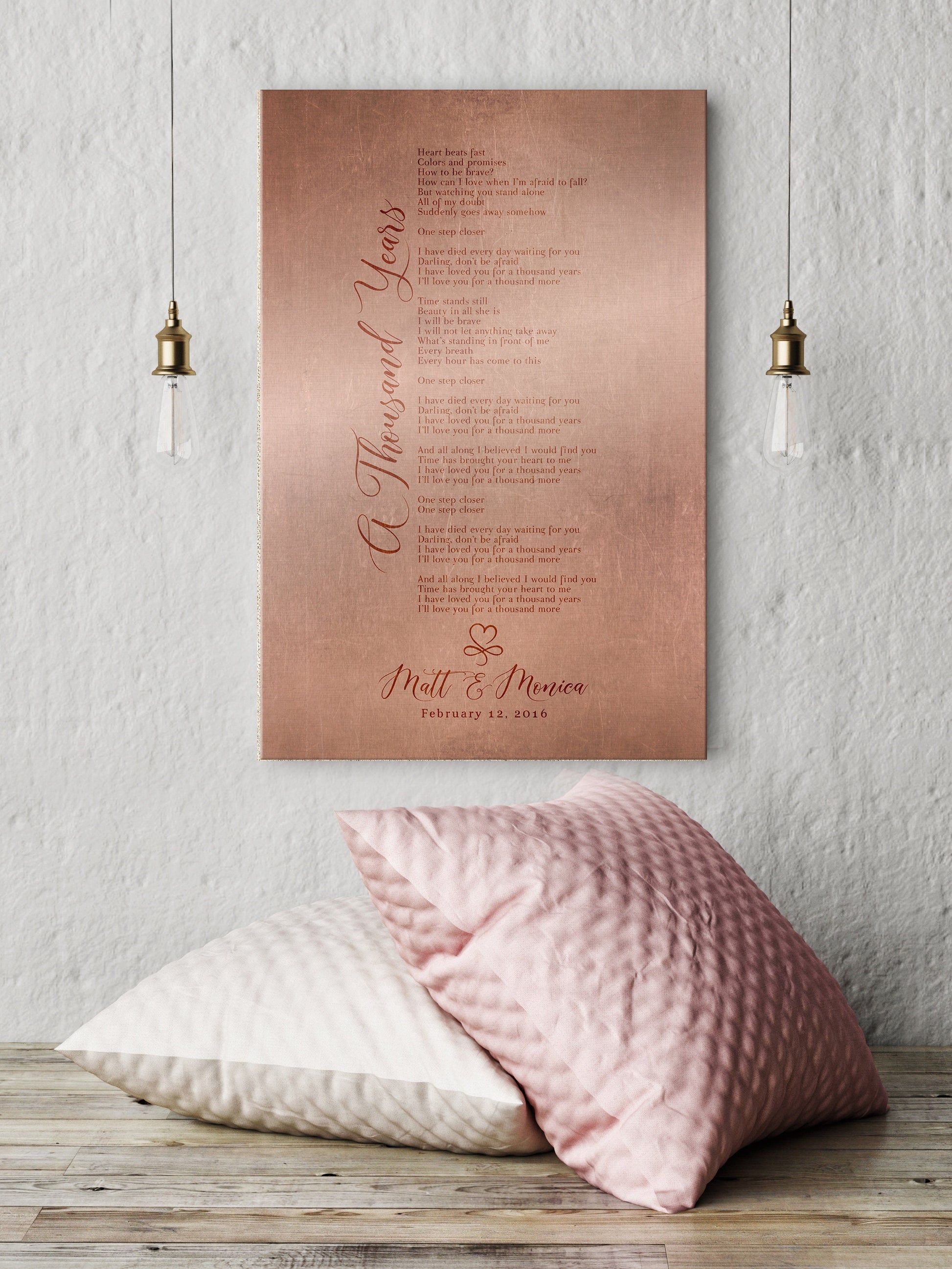 Personalized copper song lyric sign for 7 year wedding anniversary