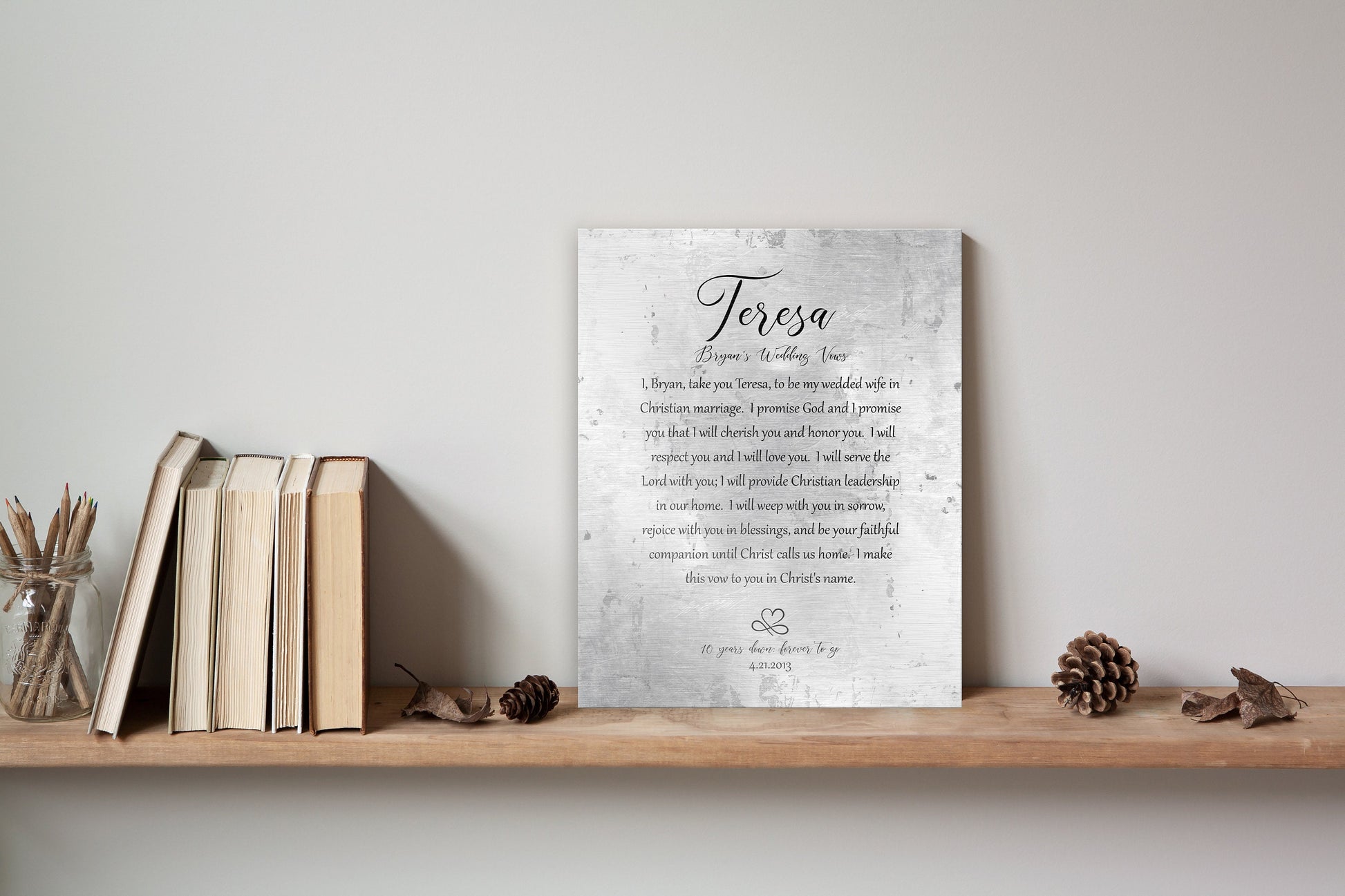 Custom wedding vow art on tin