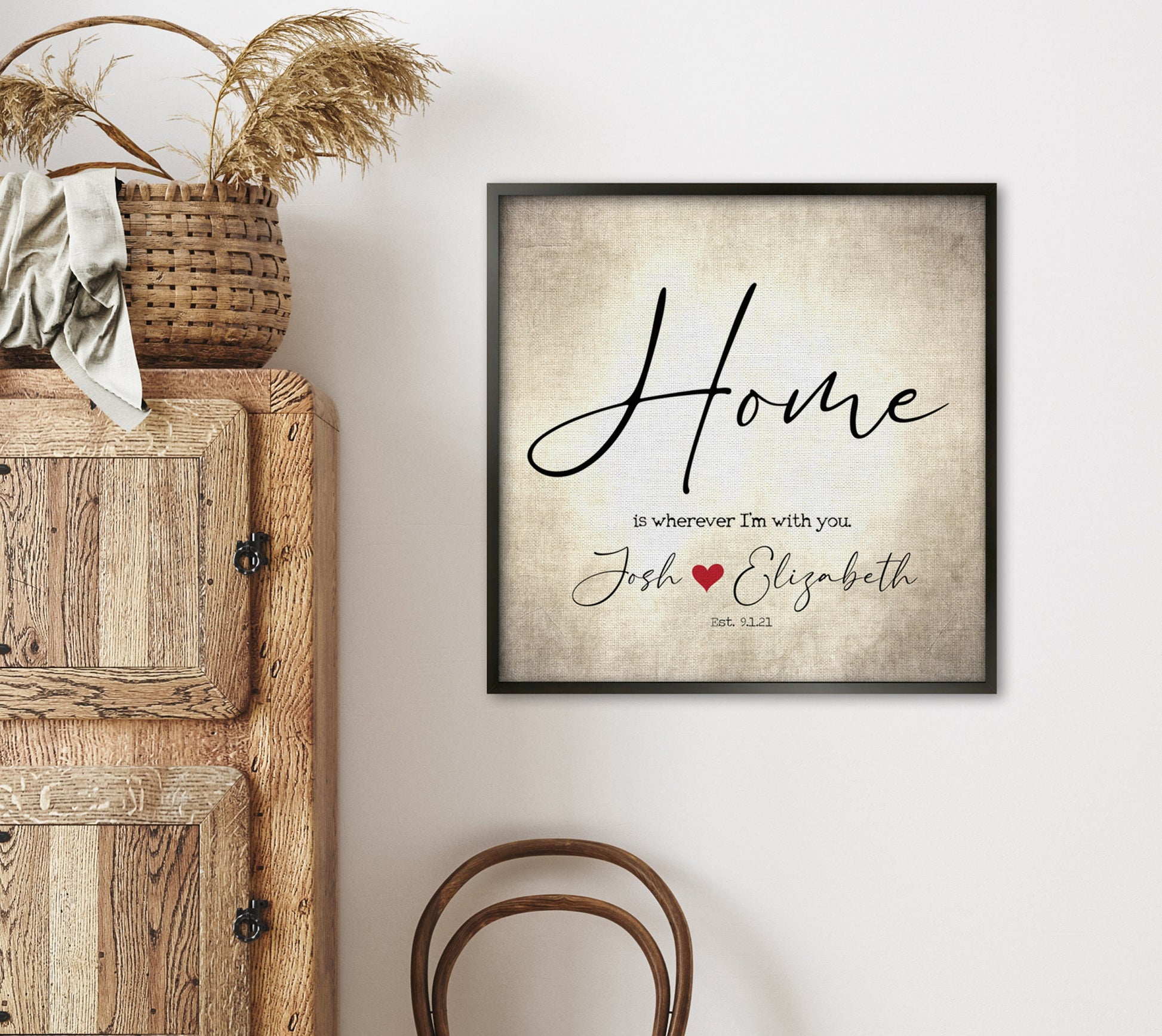 Couples' Personalized, "Home is wherever I'm with you" Framed Wall Decor - HoneycombProverbs - Giclée - 2nd Year Cotton Art