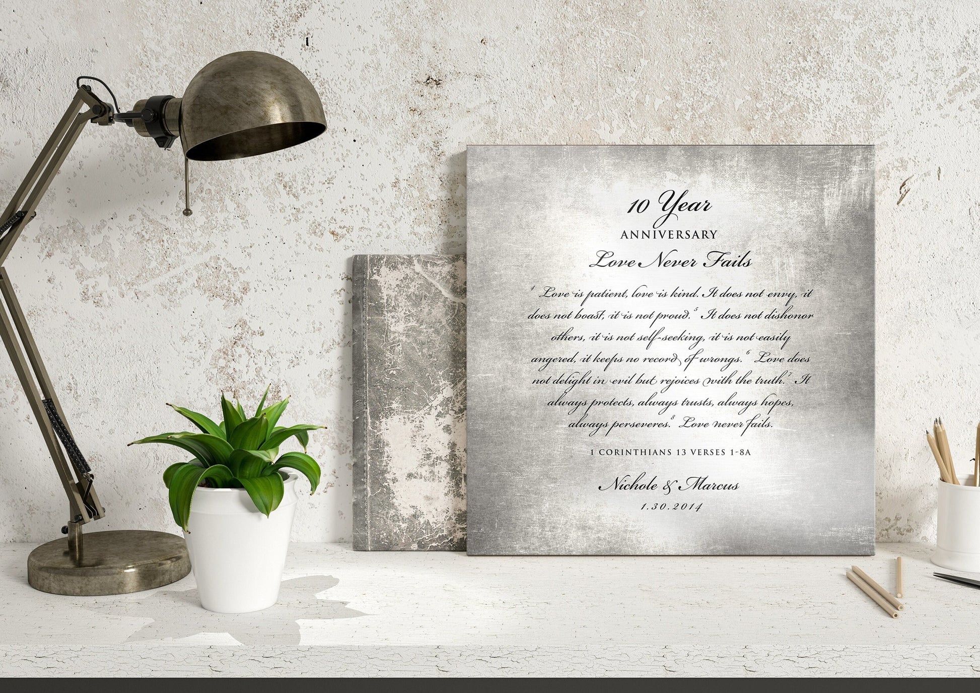 Love is patient, Love is kind, 10 Year Tribute Plaque - HoneycombProverbs - Signs - Tin Anniversary Gifts