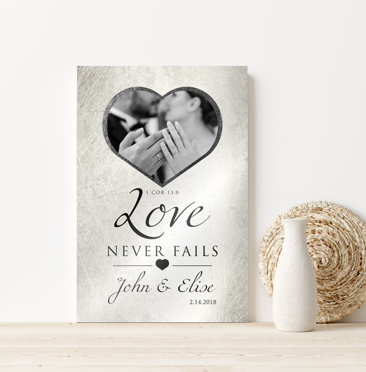 "Love Never Fails" Distressed Metal Portrait Art - HoneycombProverbs - Gifts For The Couple - Tin Anniversary Gifts