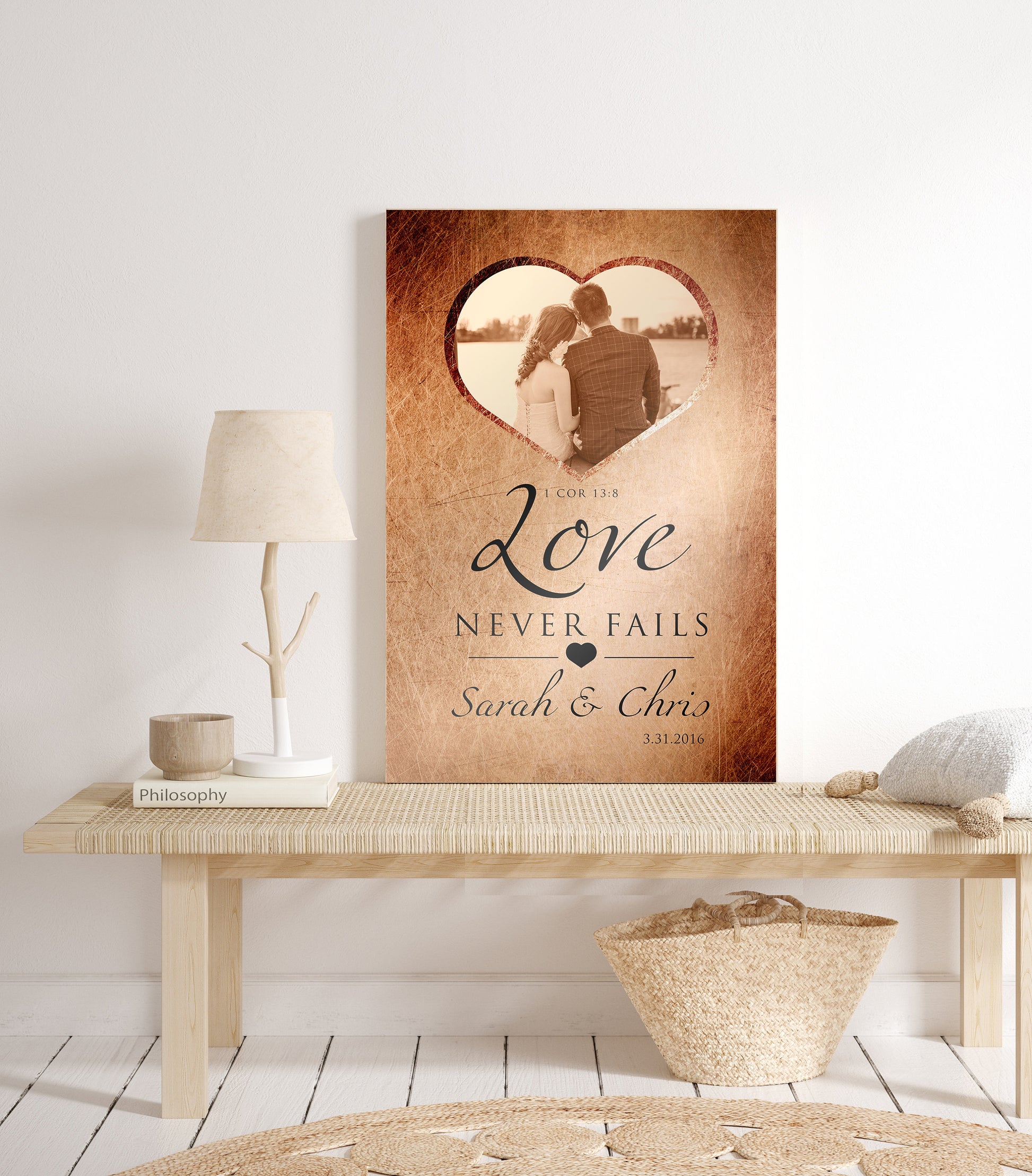 "Love Never Fails" Distressed Metal Portrait Art - HoneycombProverbs - Gifts For The Couple - Tin Anniversary Gifts