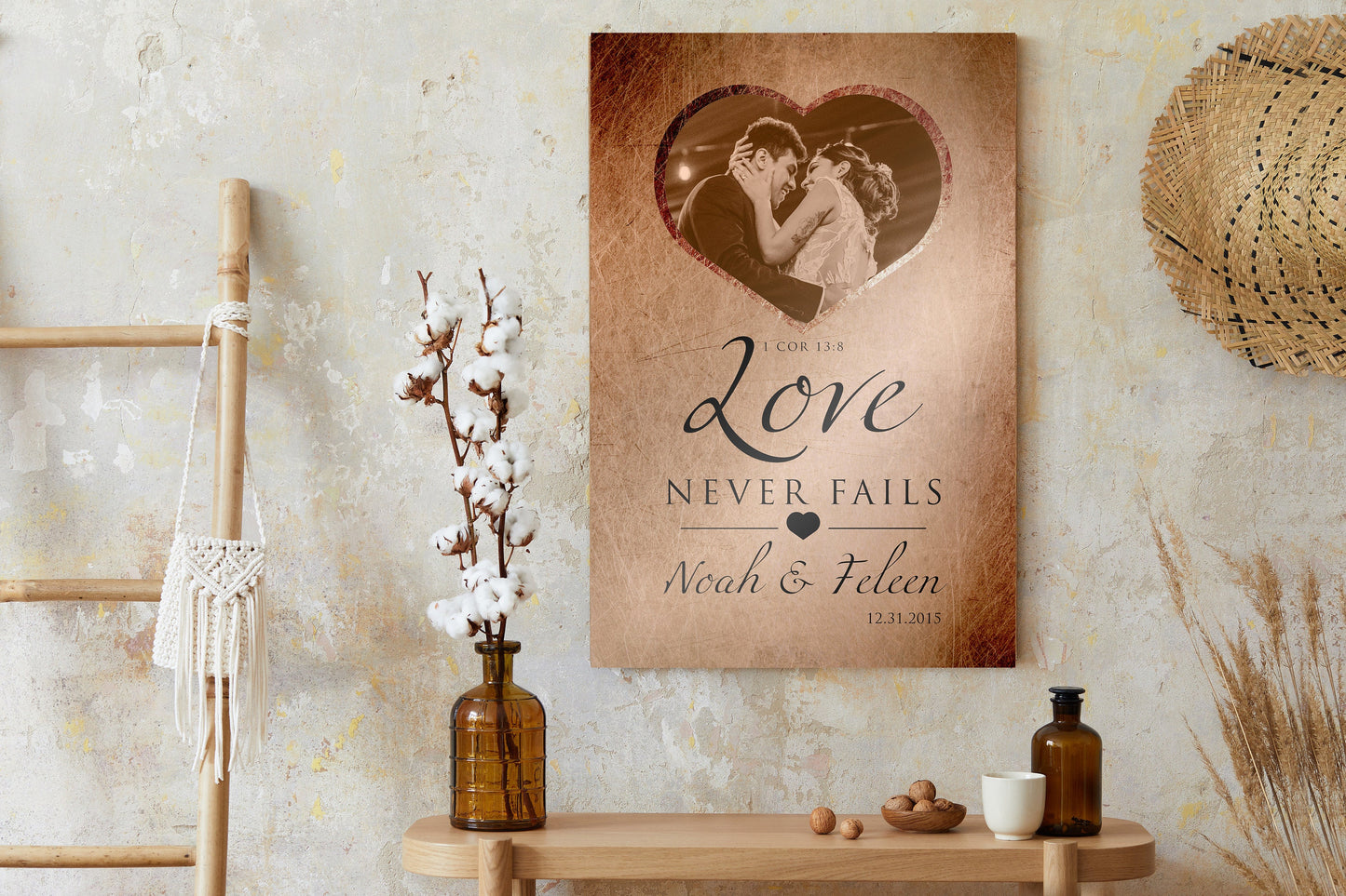 Love Never Fails Photo Sign, Personalized Anniversary plaque - HoneycombProverbs - Gifts For The Couple - Copper Anniversary Gifts