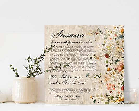Proverbs 31 Personalized Keepsake, Womens Religious, Christian Wood Sign, 5th Anniverary gift for wife, Floral, Tribute to mother, Mom Gift