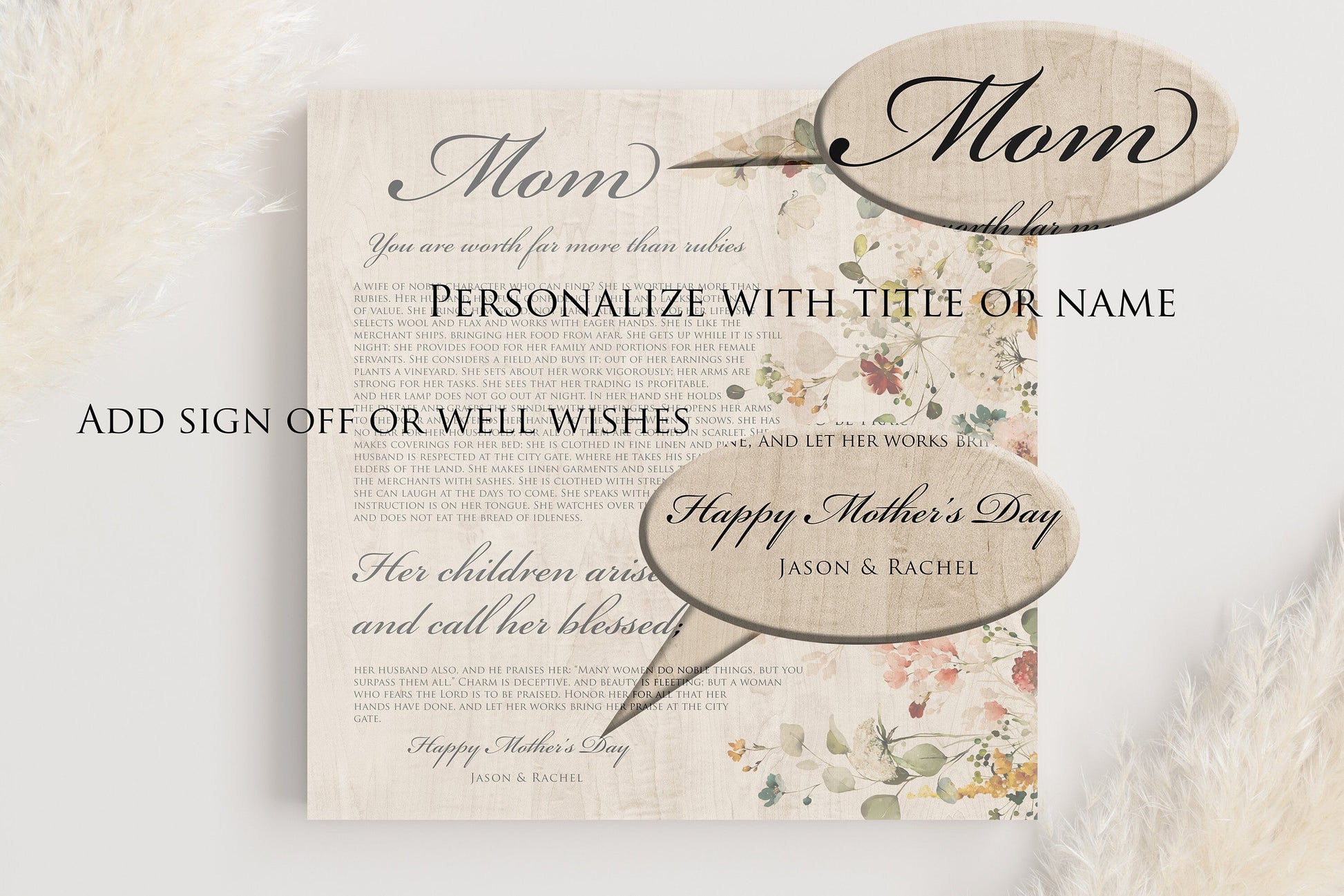 Proverbs 31 Personalized Keepsake, Womens Religious, Christian Wood Sign, 5th Anniverary gift for wife, Floral, Tribute to mother, Mom Gift