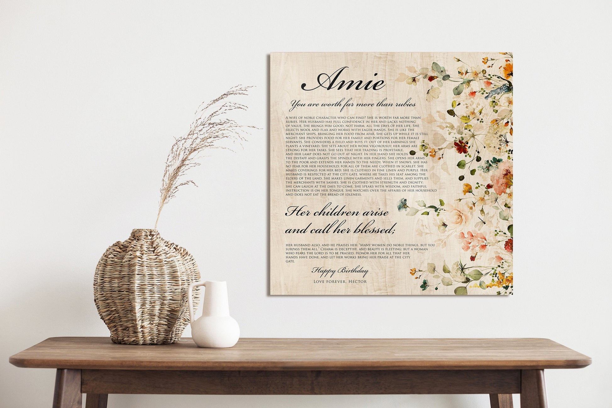 Proverbs 31 Personalized Keepsake, Womens Religious, Christian Wood Sign, 5th Anniverary gift for wife, Floral, Tribute to mother, Mom Gift