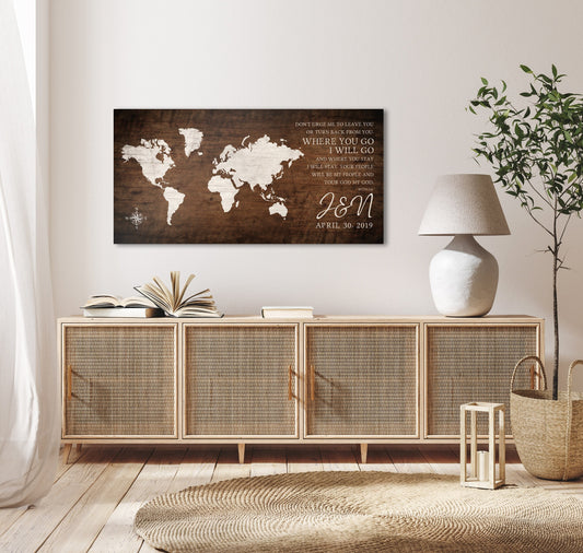 Christian Wedding Gift - Ruth 1:16 Wall Art for Couple - Christian Sign for Bedroom -Wood Anniversary - Map art for couple - Bedroom Art