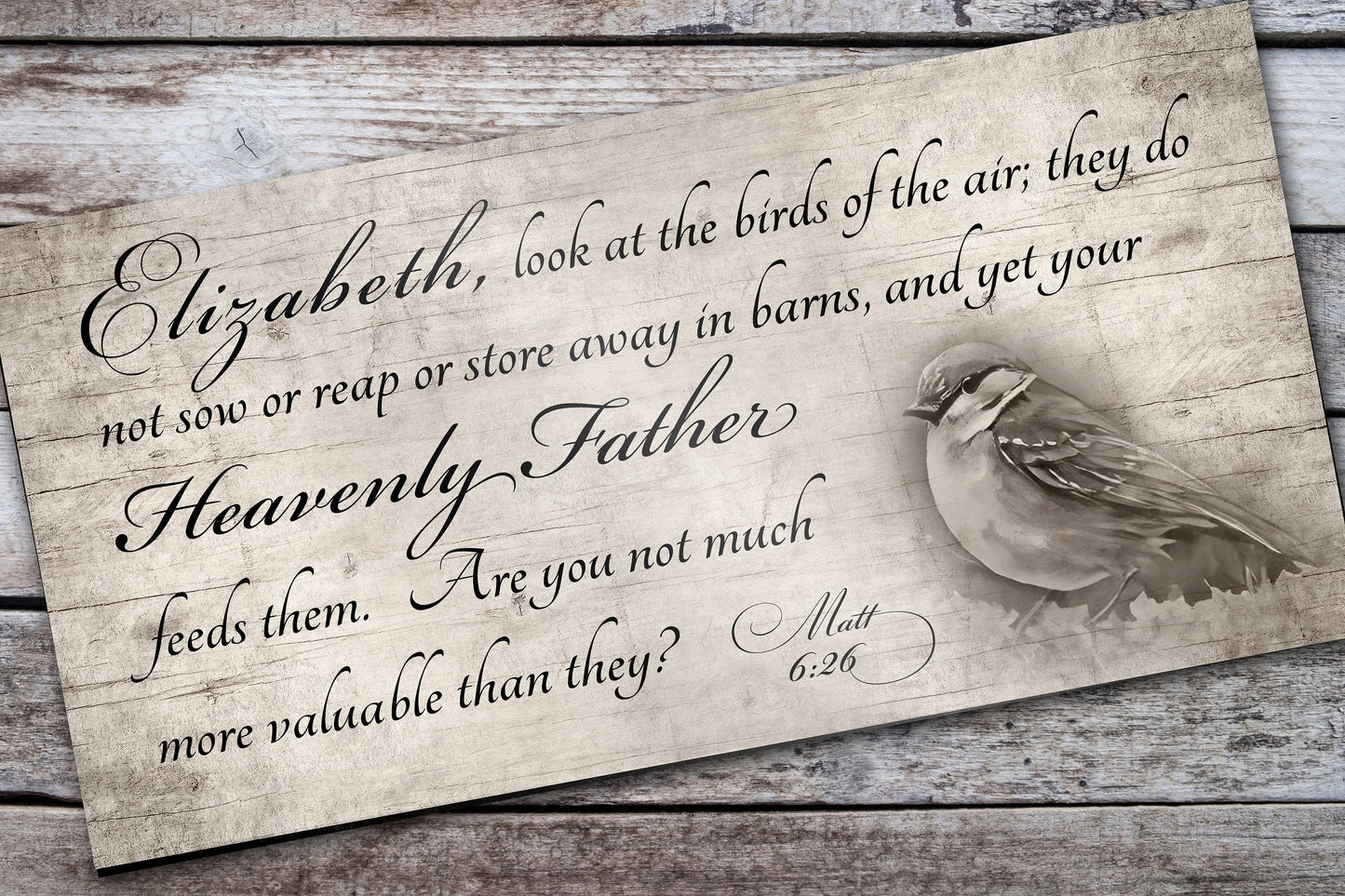 Personalized Matthew 6:26 Scripture Art, Bird, Christian Wildlife Art, Encouragement wall decor, Wood sign with Bible Verse, Gift for Wife