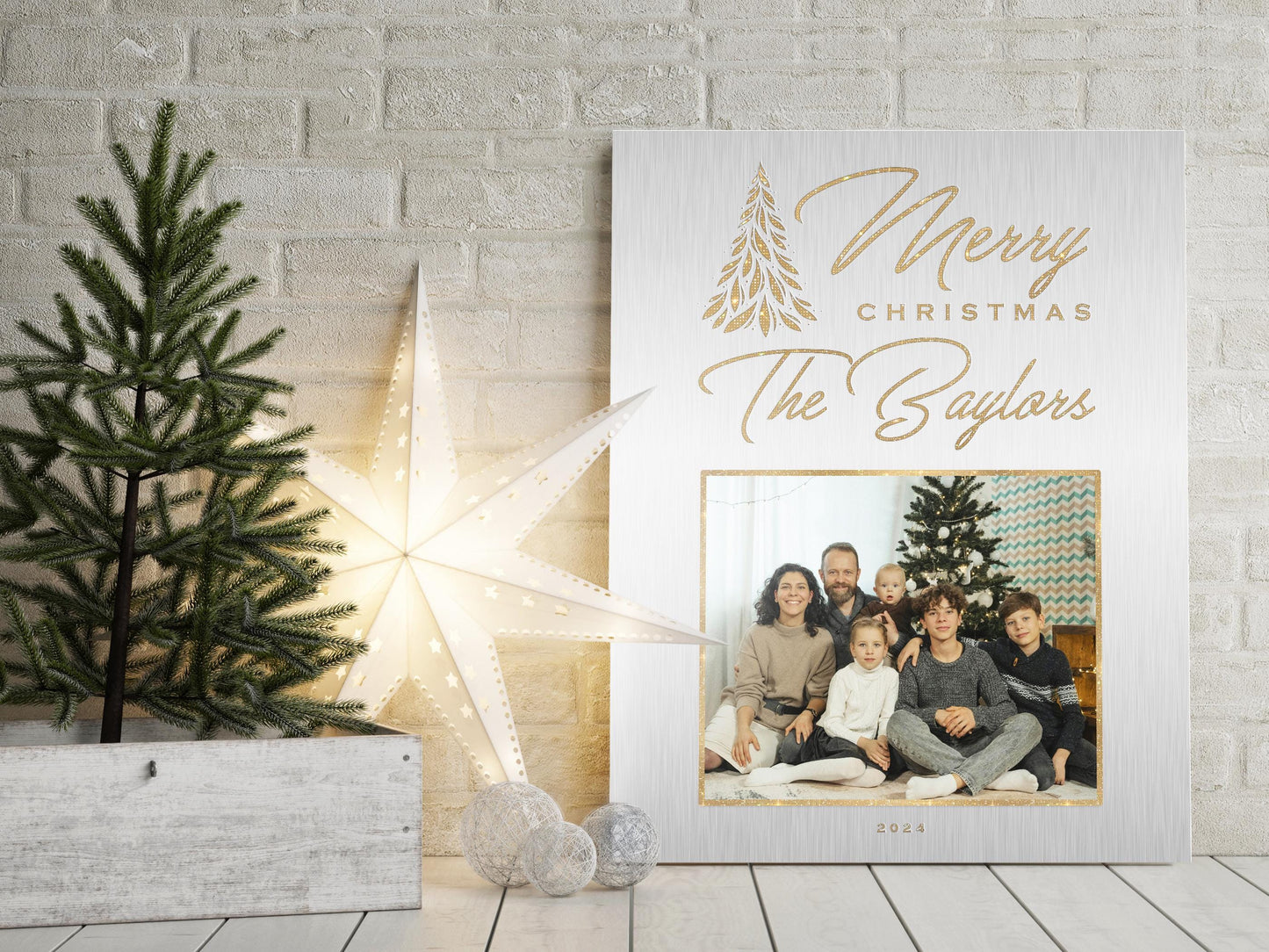 Designer Photo Christmas Gift, Metallic Merry Christmas Decor, Personalized Christmas Wall Decor, Holiday Family Name Sign, Metal Photo Art