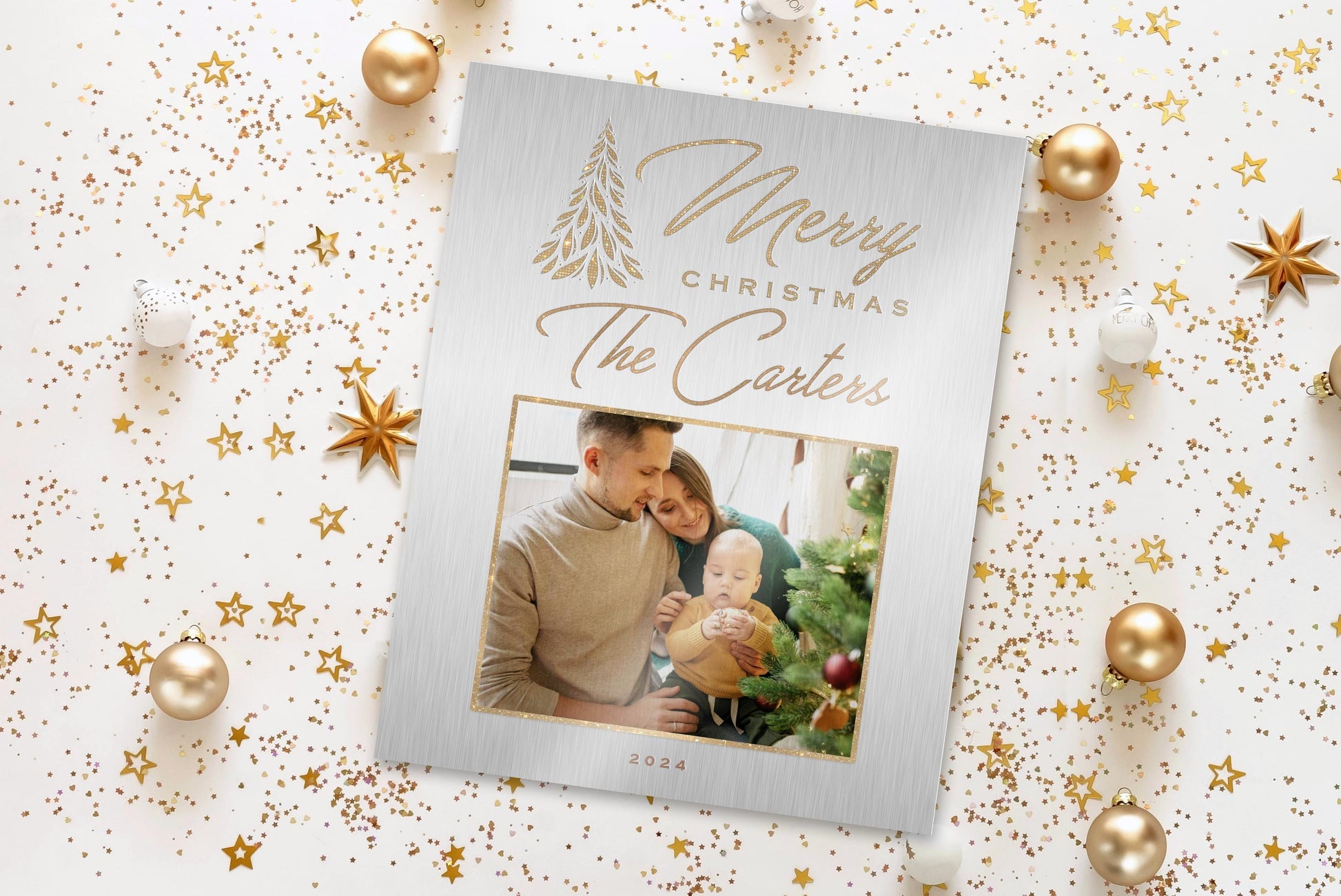 Designer Photo Christmas Gift, Metallic Merry Christmas Decor, Personalized Christmas Wall Decor, Holiday Family Name Sign, Metal Photo Art