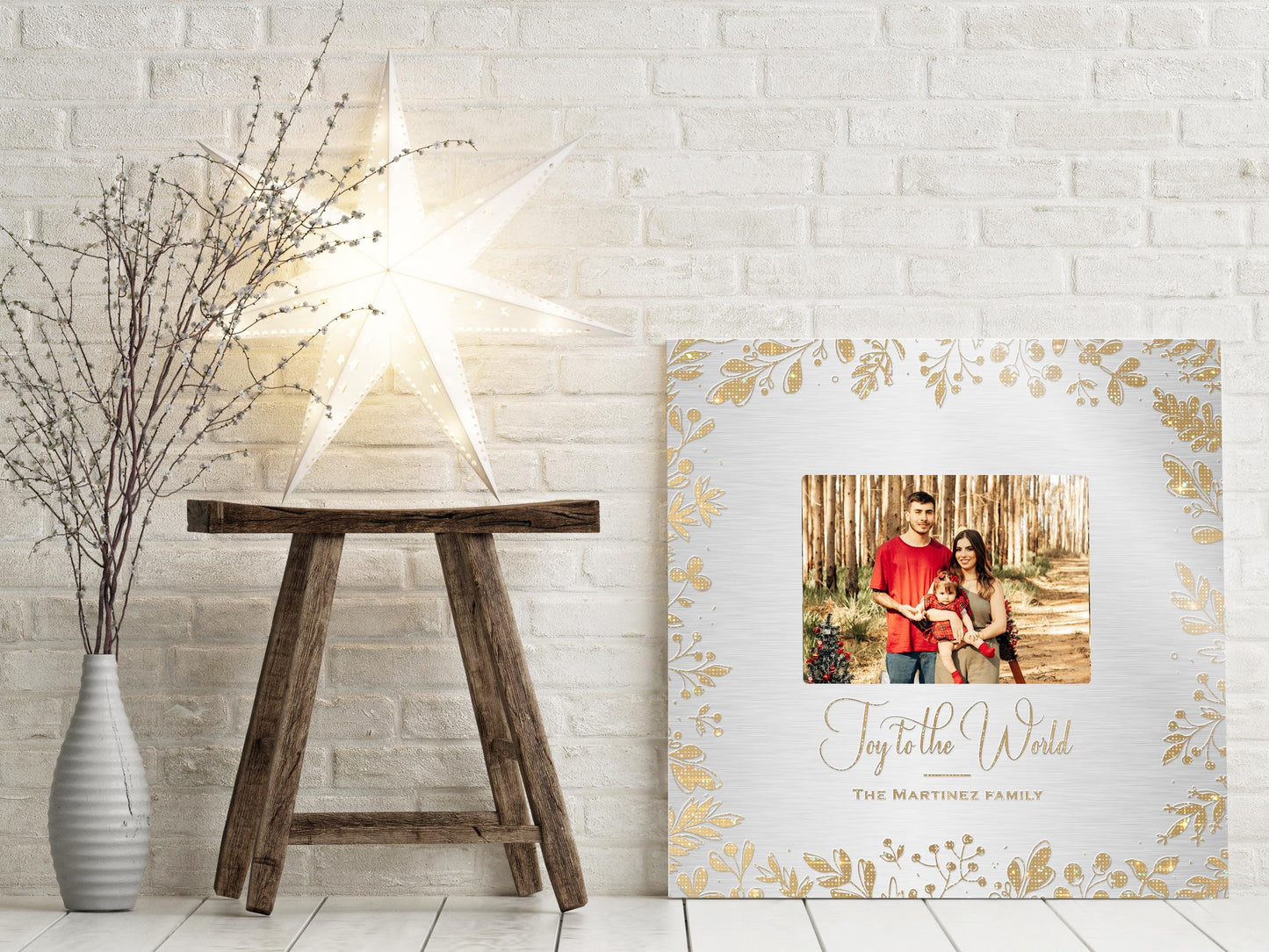 Joy to the World, Personalized Photo Art, Metallic Christmas Decor, Gold and Silver Christmas Decor, Golden Holly framed Photo Decor, Gift