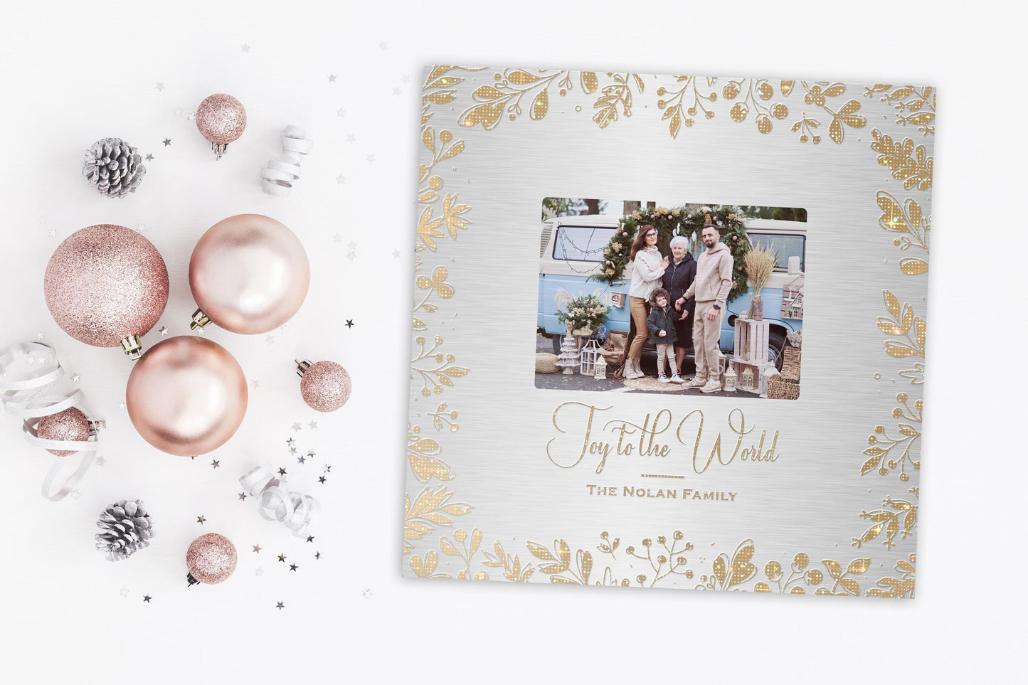Joy to the World, Personalized Photo Art, Metallic Christmas Decor, Gold and Silver Christmas Decor, Golden Holly framed Photo Decor, Gift