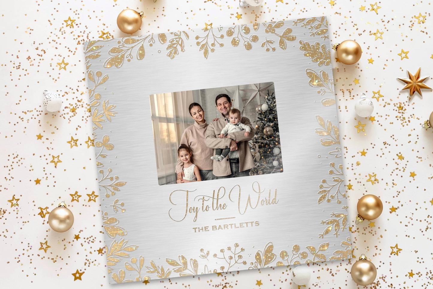 Joy to the World, Personalized Photo Art, Metallic Christmas Decor, Gold and Silver Christmas Decor, Golden Holly framed Photo Decor, Gift