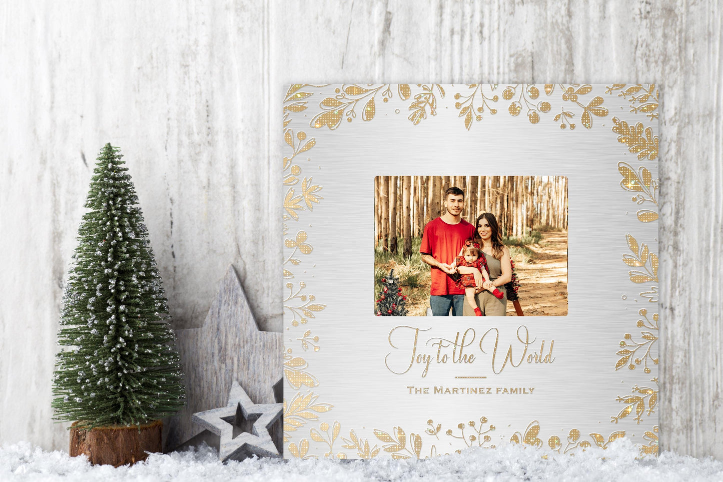 Joy to the World, Personalized Photo Art, Metallic Christmas Decor, Gold and Silver Christmas Decor, Golden Holly framed Photo Decor, Gift