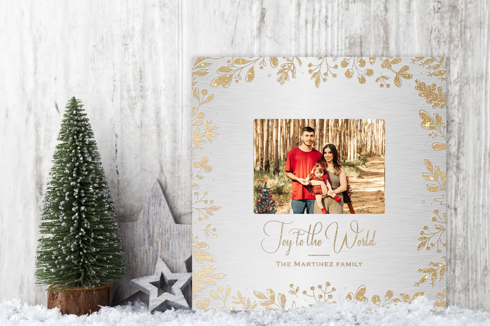 Joy to the World, Personalized Photo Art, Metallic Christmas Decor, Gold and Silver Christmas Decor, Golden Holly framed Photo Decor, Gift