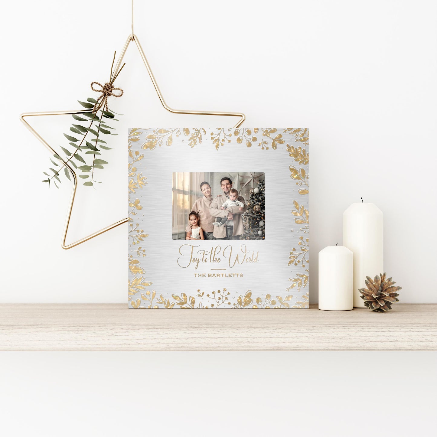Joy to the World, Personalized Photo Art, Metallic Christmas Decor, Gold and Silver Christmas Decor, Golden Holly framed Photo Decor, Gift