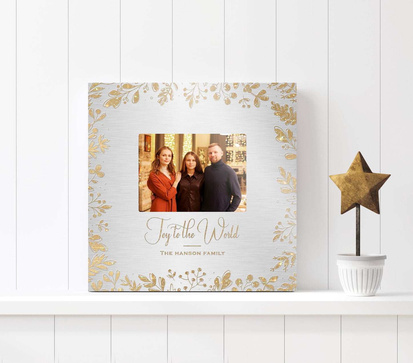 Joy to the World, Personalized Photo Art, Metallic Christmas Decor, Gold and Silver Christmas Decor, Golden Holly framed Photo Decor, Gift