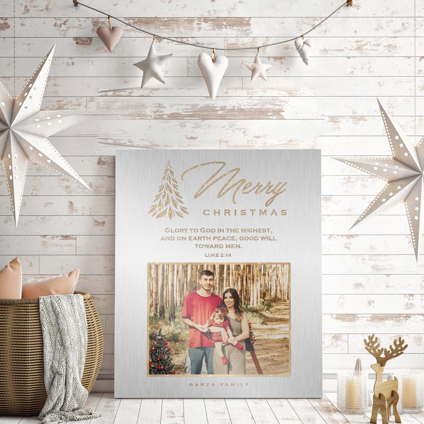 Designer Photo Christmas Gift, Metallic Merry Christmas Decor, Personalized Christmas Wall Decor, Holiday Family Name Sign, Metal Photo Art