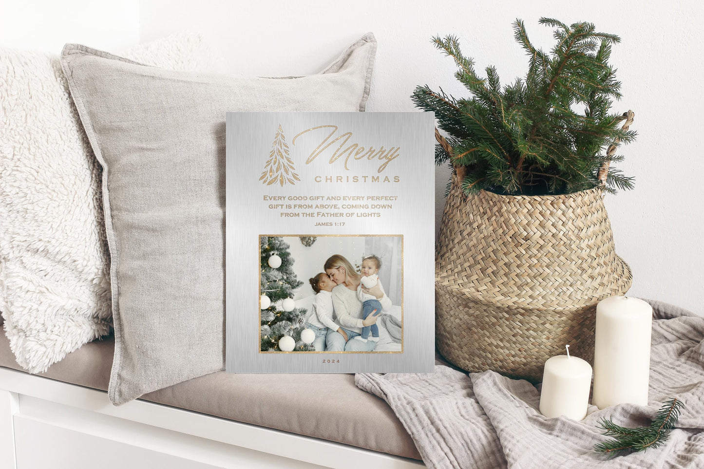 Designer Photo Christmas Gift, Metallic Merry Christmas Decor, Personalized Christmas Wall Decor, Holiday Family Name Sign, Metal Photo Art