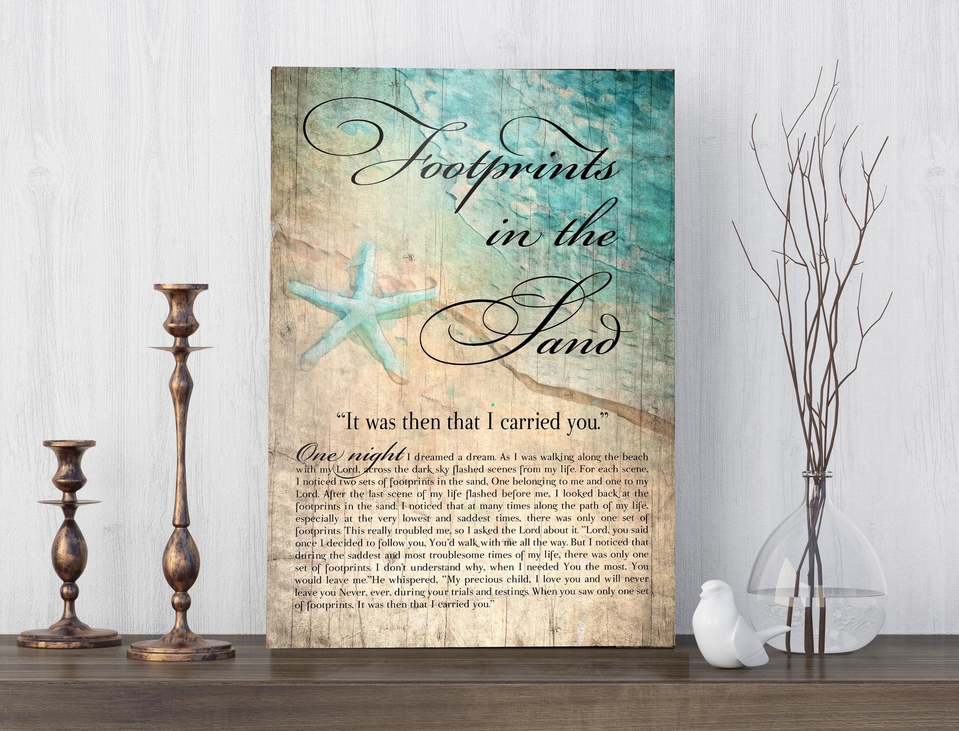 Footprints in the Sand, Watercolor Word art on Wood, Footprints in the Sand wall decor, Footprints Poem Art, Ocean themed wall art, Gift