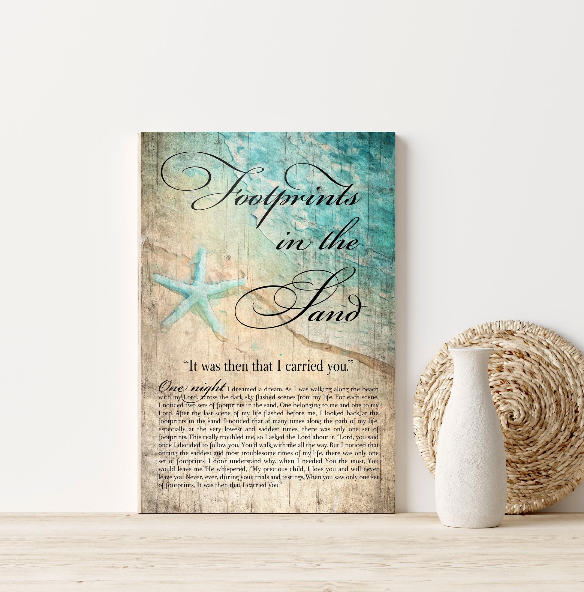 Footprints in the Sand, Watercolor Word art on Wood, Footprints in the Sand wall decor, Footprints Poem Art, Ocean themed wall art, Gift