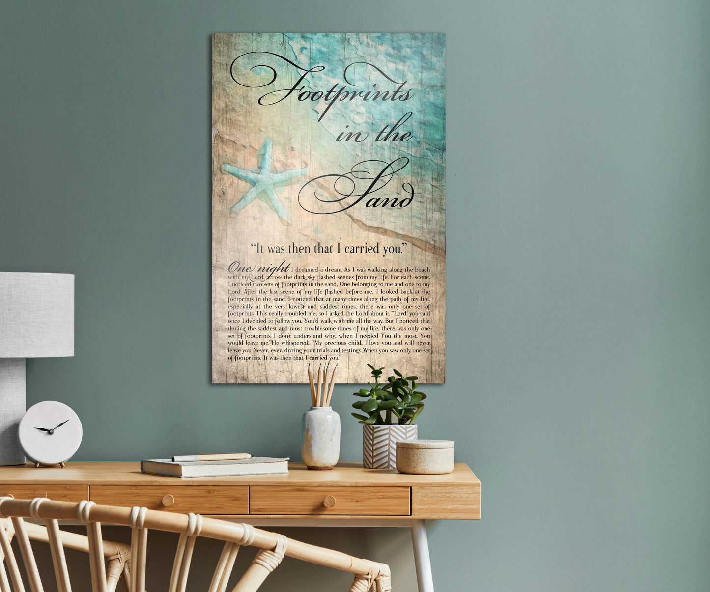 Footprints in the Sand, Watercolor Word art on Wood, Footprints in the Sand wall decor, Footprints Poem Art, Ocean themed wall art, Gift