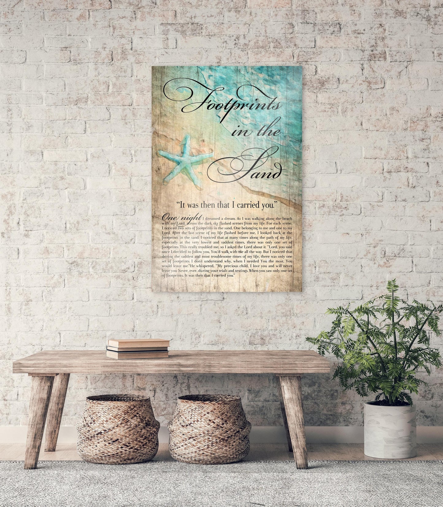 Footprints in the Sand, Watercolor Word art on Wood, Footprints in the Sand wall decor, Footprints Poem Art, Ocean themed wall art, Gift