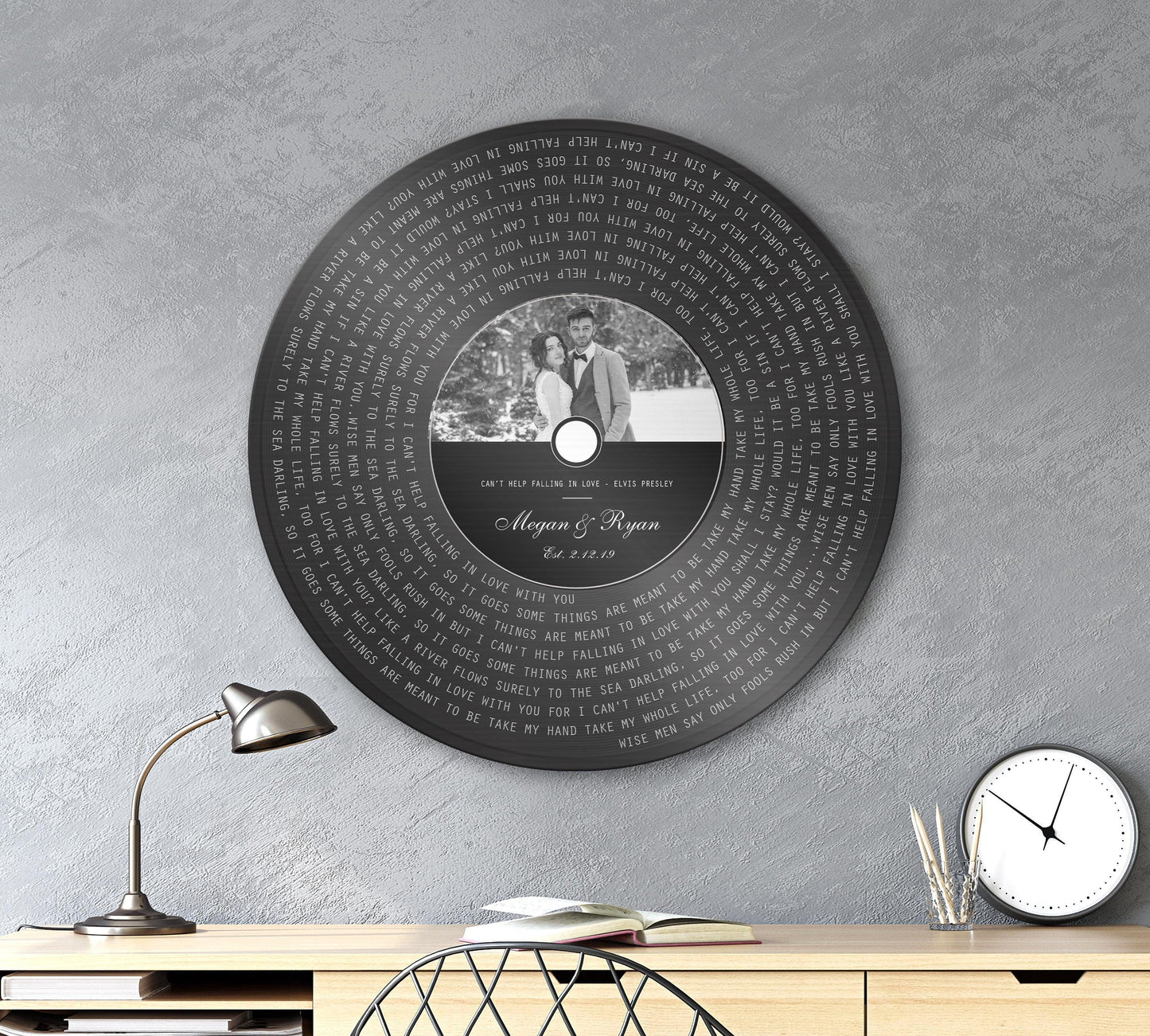 iron song record art, round sign with song, vinyl record art